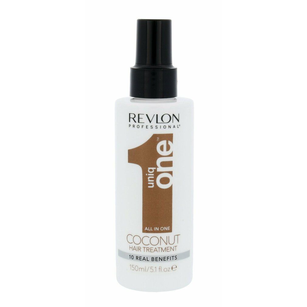 Revlon Professional Uniq One Coconut Hair Treatment. Flacon blanc avec vaporisateur noir. Inscription: Uniq One, Coconut, 10 Real Benefits.