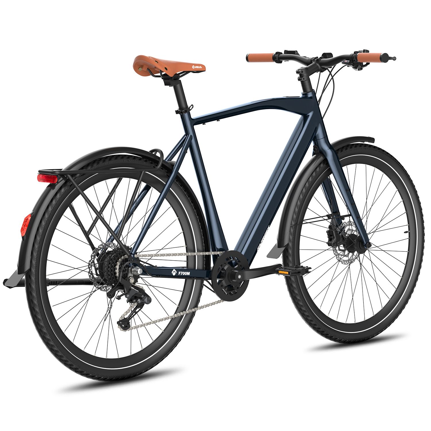 Donkerblauwe elektrische fiets met bruin zadel en oranje handvatten. Zwarte banden en spatborden. Fafrees-logo.