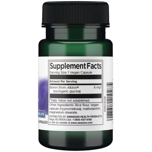 Achterkant van de groene fles. Etiket met voedingswaarde: Boron 6 mg, 1 vegan capsule. Ingrediëntenlijst.