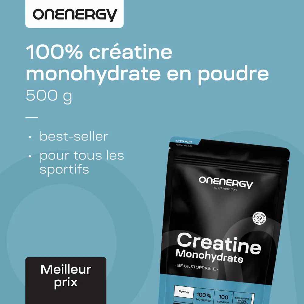 Sachet OnEnergy Créatine Monohydrate. Texte: 100% créatine monohydrate en poudre, 500 g. Best-seller, pour tous les sportifs.