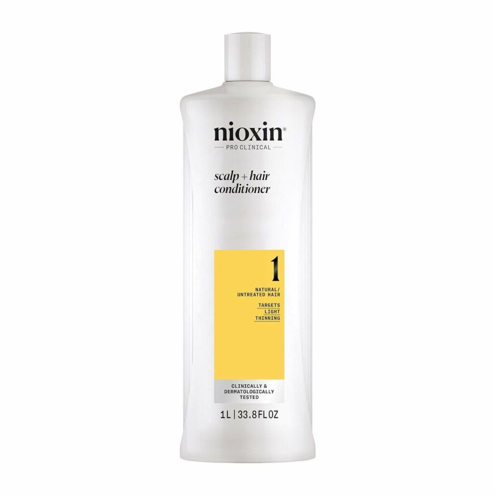 Bouteille de revitalisant Nioxin Pro Clinical Scalp + Hair, 1L. Étiquette jaune avec '1' et texte.