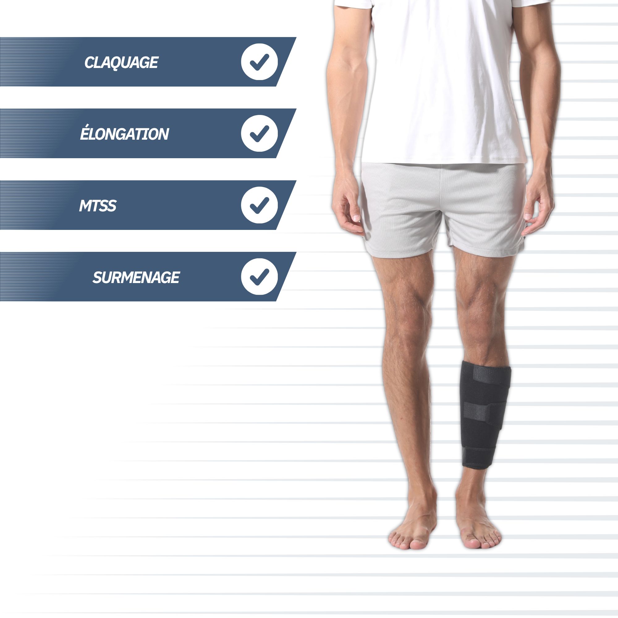Manchette de compression noire pour le tibia avec attaches velcro.