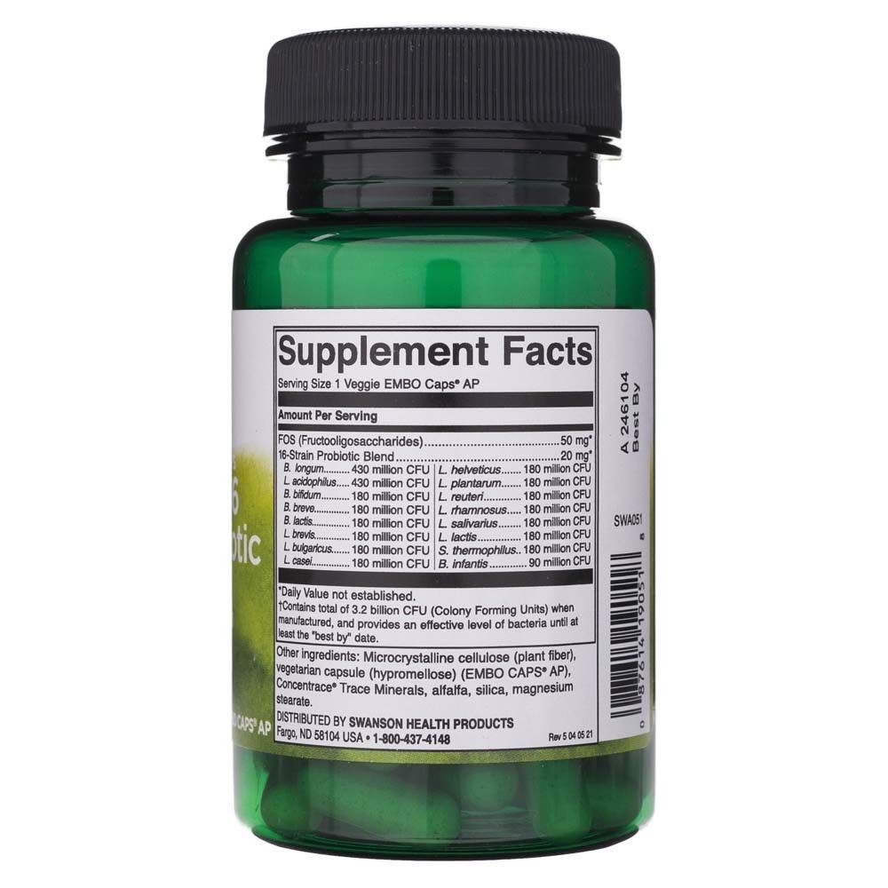 Achterkant van een groene fles met 'Supplement Facts' en gedetailleerde inhoudsinformatie.