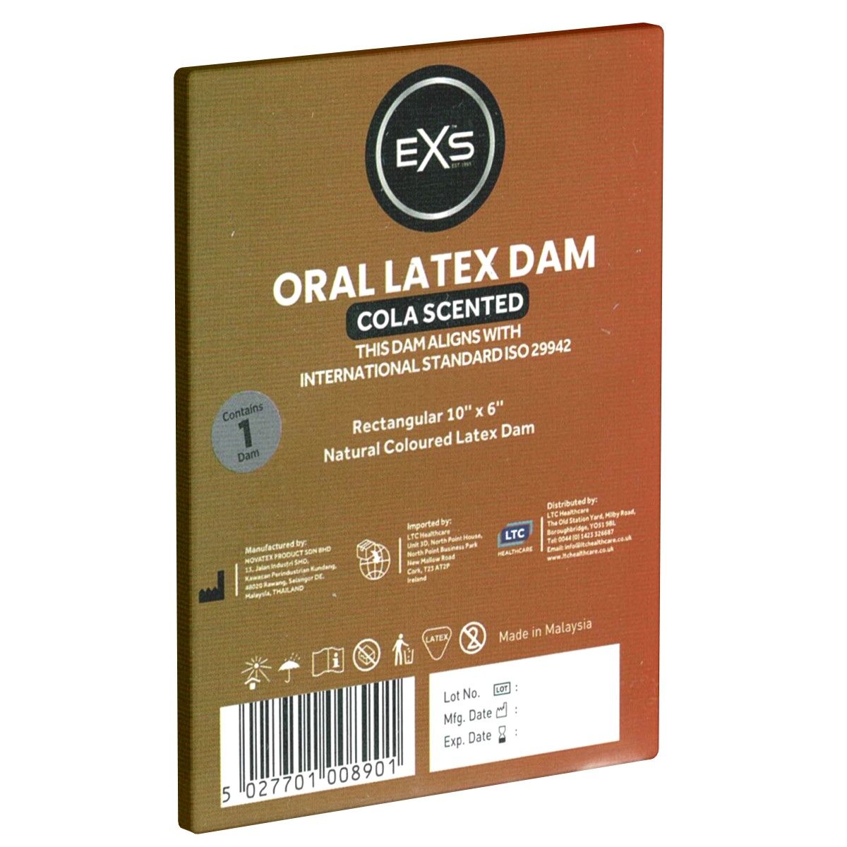 Emballage de digue orale en latex. Inscription : Oral Latex Dam, Cola Scented. Rectangulaire, 10" x 6".