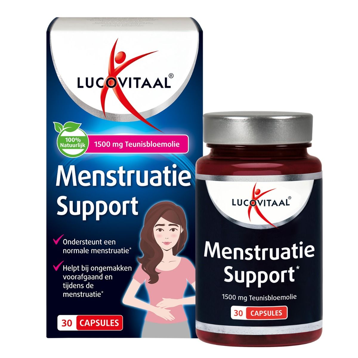 Verpakking en fles van Lucovitaal Menstruatie Support. Fles: bruin, zilveren dop. Verpakking: wit, blauw. Opschrift: Menstruatie Support.