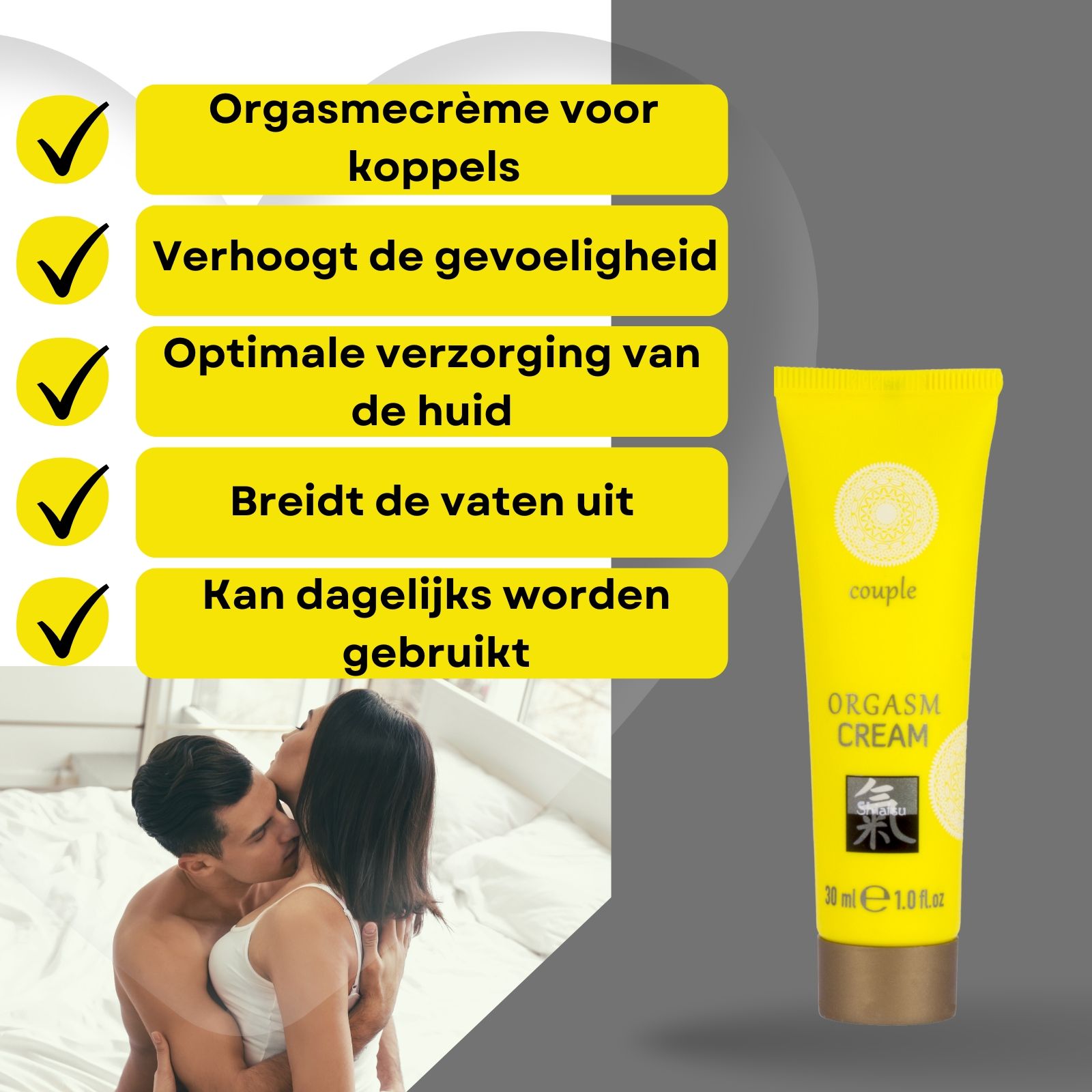 Gele tube en doos. Opschrift: ORGASM CREAM, Shiatsu, 30 ml. Koppel op de achtergrond.