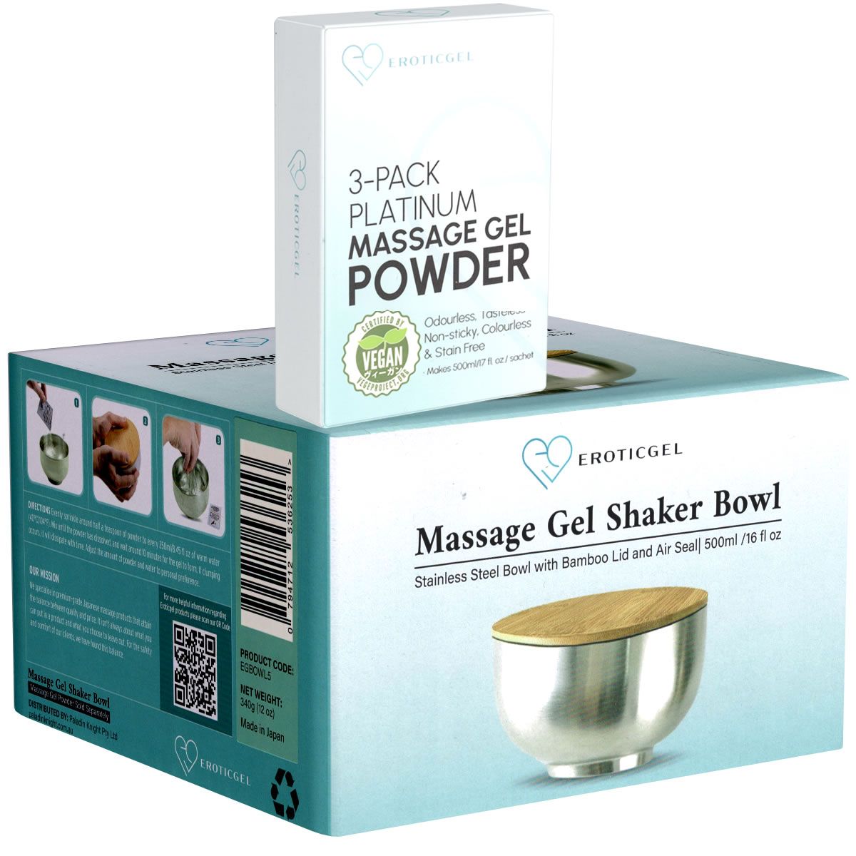 Verpakking met massage gel poeder en massage gel shaker bowl. Veganistisch, geurloos, niet plakkerig en vlekkeloos.