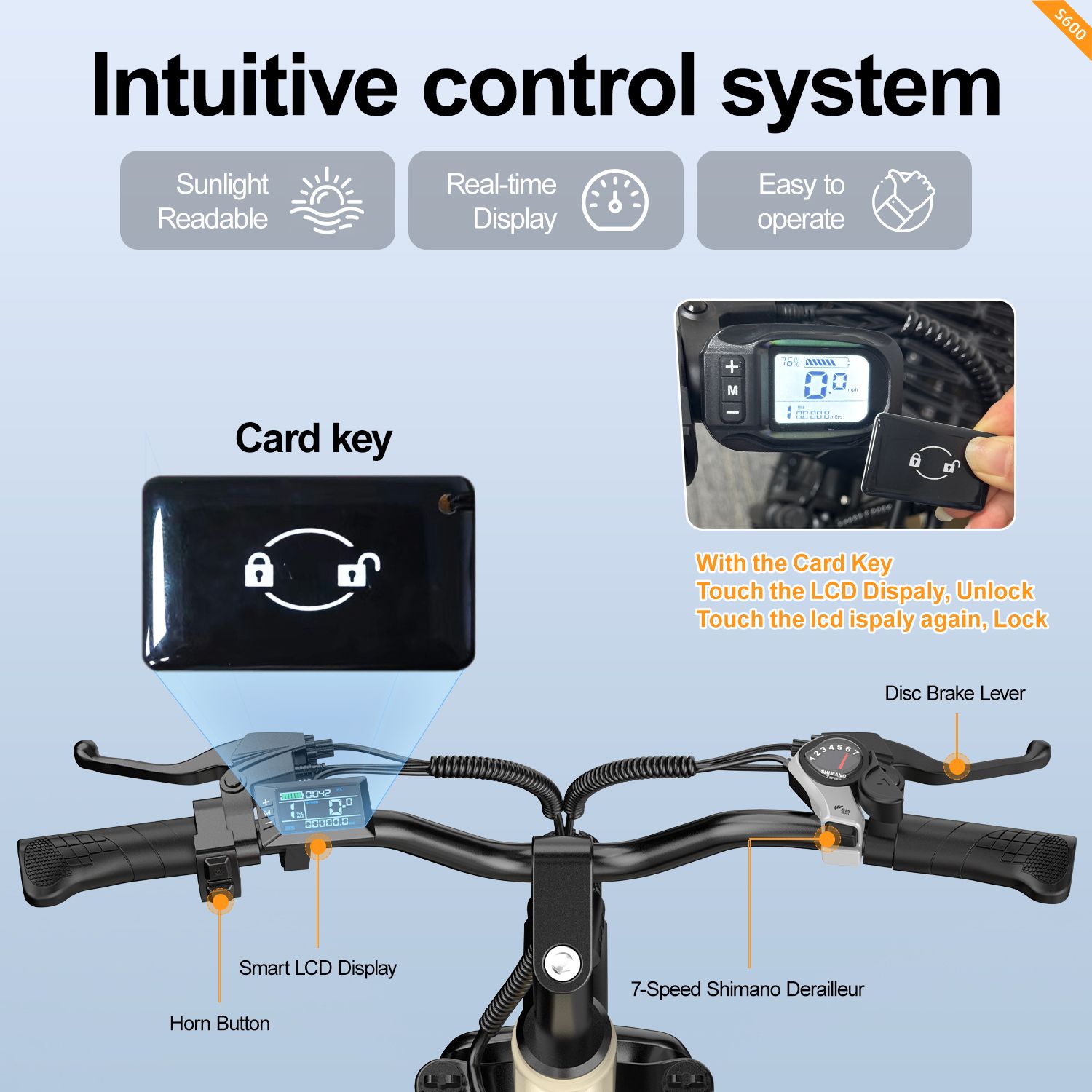 Guidon de vélo électrique avec commandes. Inscriptions : écran LCD intelligent, Shimano 7 vitesses, carte-clé.
