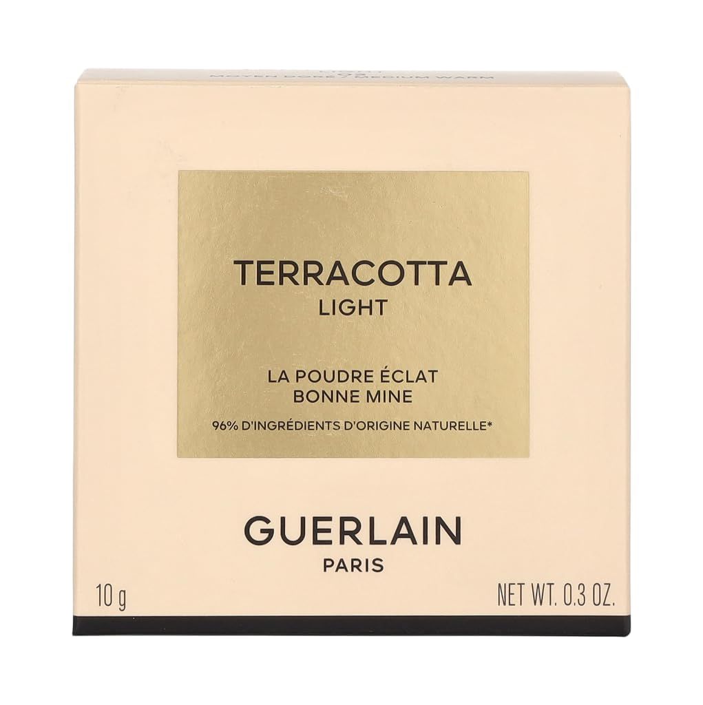 Emballage de poudre compacte. Boîte beige. Texte: Terracotta Light, Guerlain Paris, 10g, 0.3 oz.