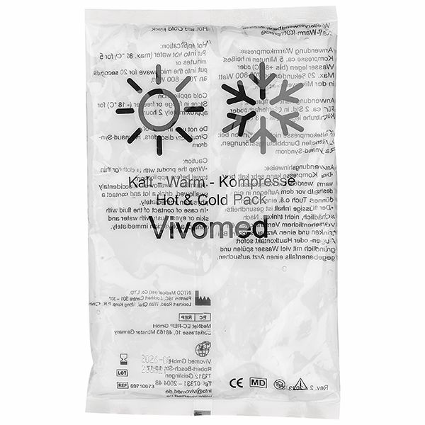 Koud-warm kompres Vivomed met symbolen voor kou en warmte.