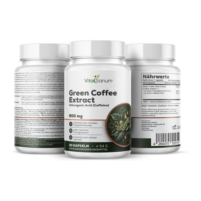 Trois flacons de capsules VitaSanum Extrait de Café Vert, 600 mg. Façade avec informations produit et illustration de grains de café.