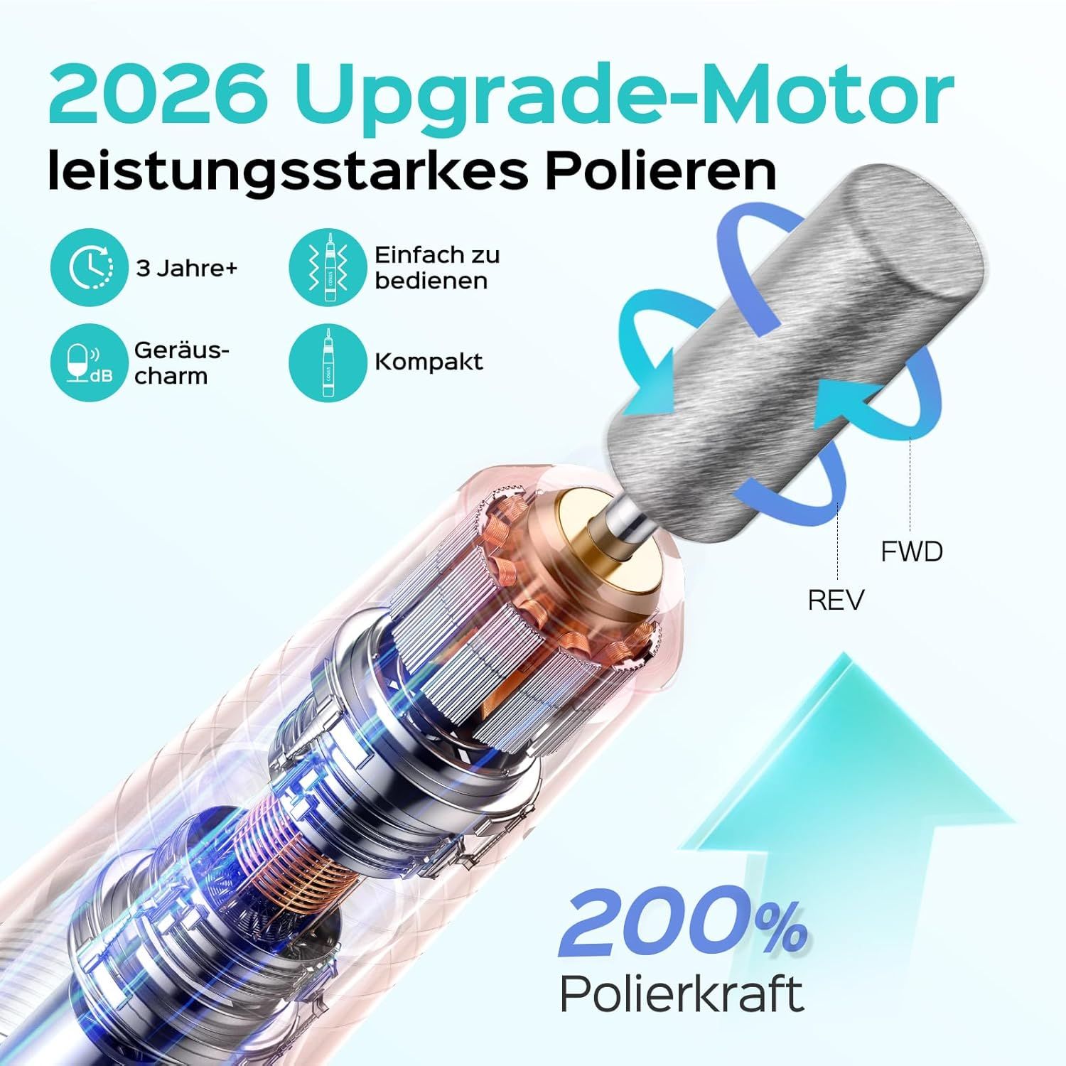 Nagelfreeskop met tekst: 2026 Upgrade-motor, krachtig polijsten. Illustraties: 3 jaar+, gemakkelijk te gebruiken, compact.