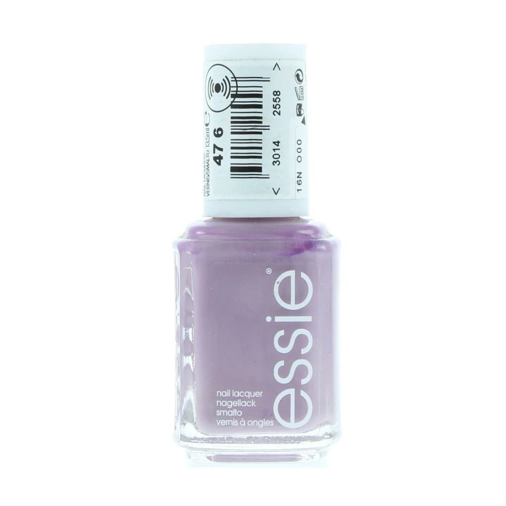 Essie nagellakflesje, lichtpaars. Witte dop met barcode en productinformatie. Opschrift 'essie'.
