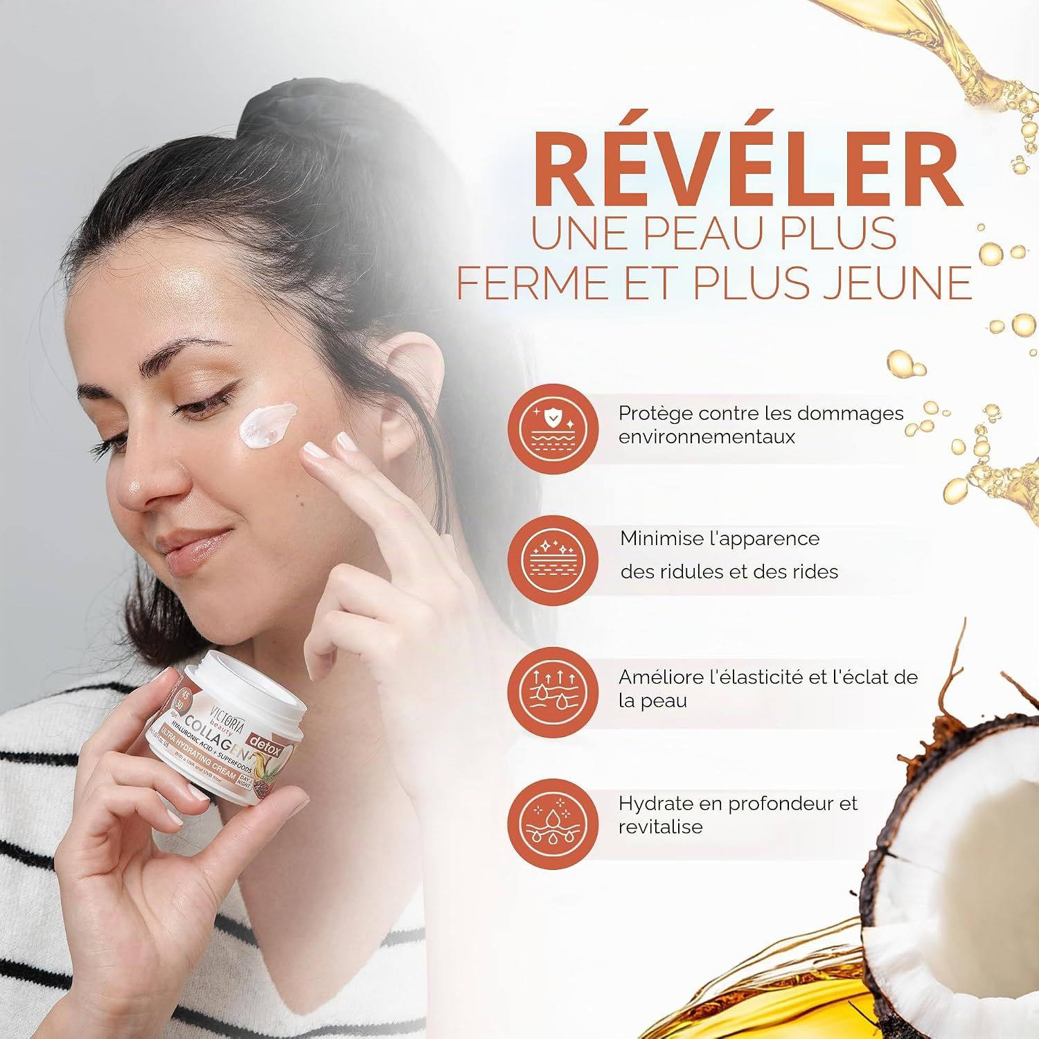 Une femme applique la crème au collagène Victoria Beauty, avec icônes protection environnementale et réduction des rides.