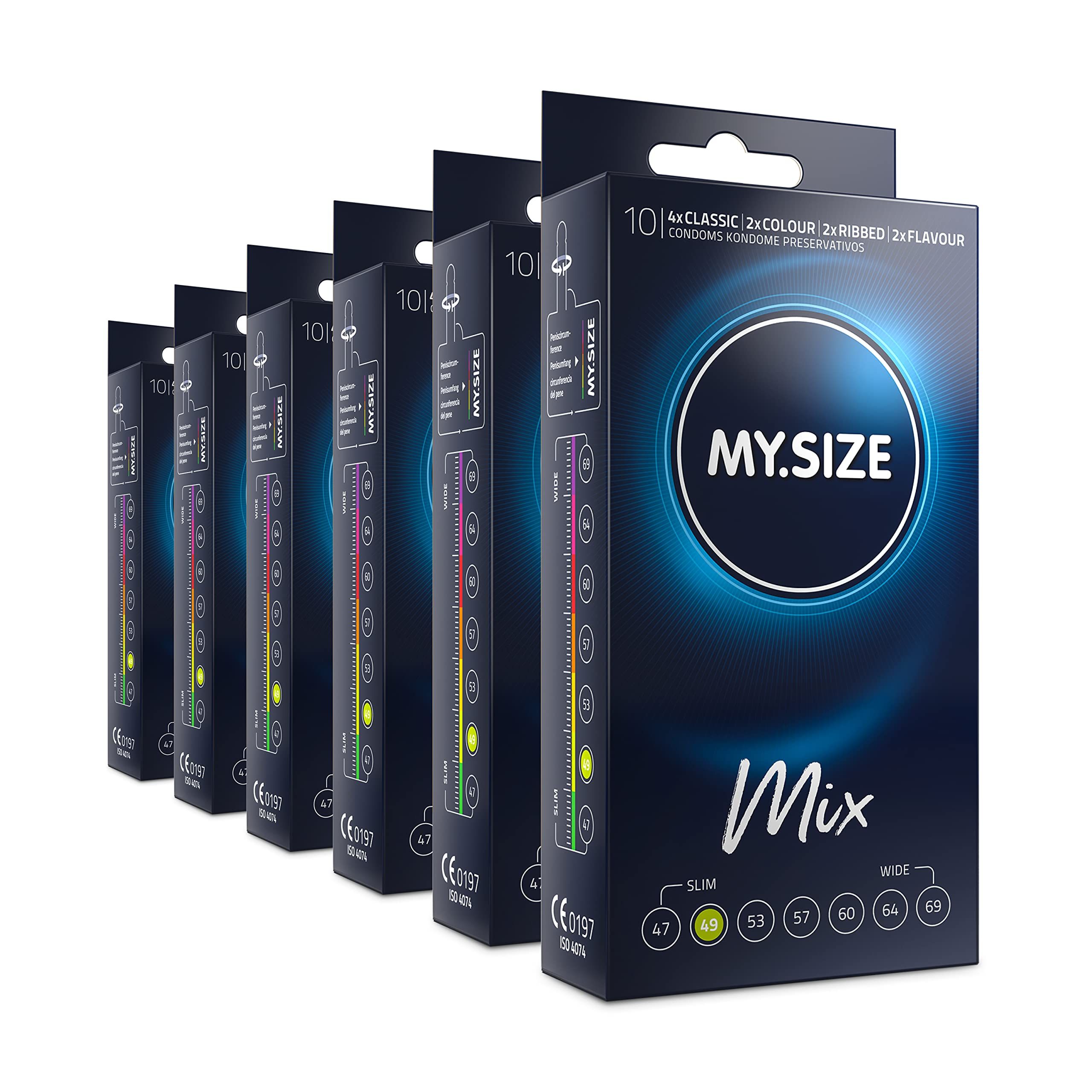 Plusieurs boîtes de préservatifs MY.SIZE, assortiment Mix, avec indications de taille.