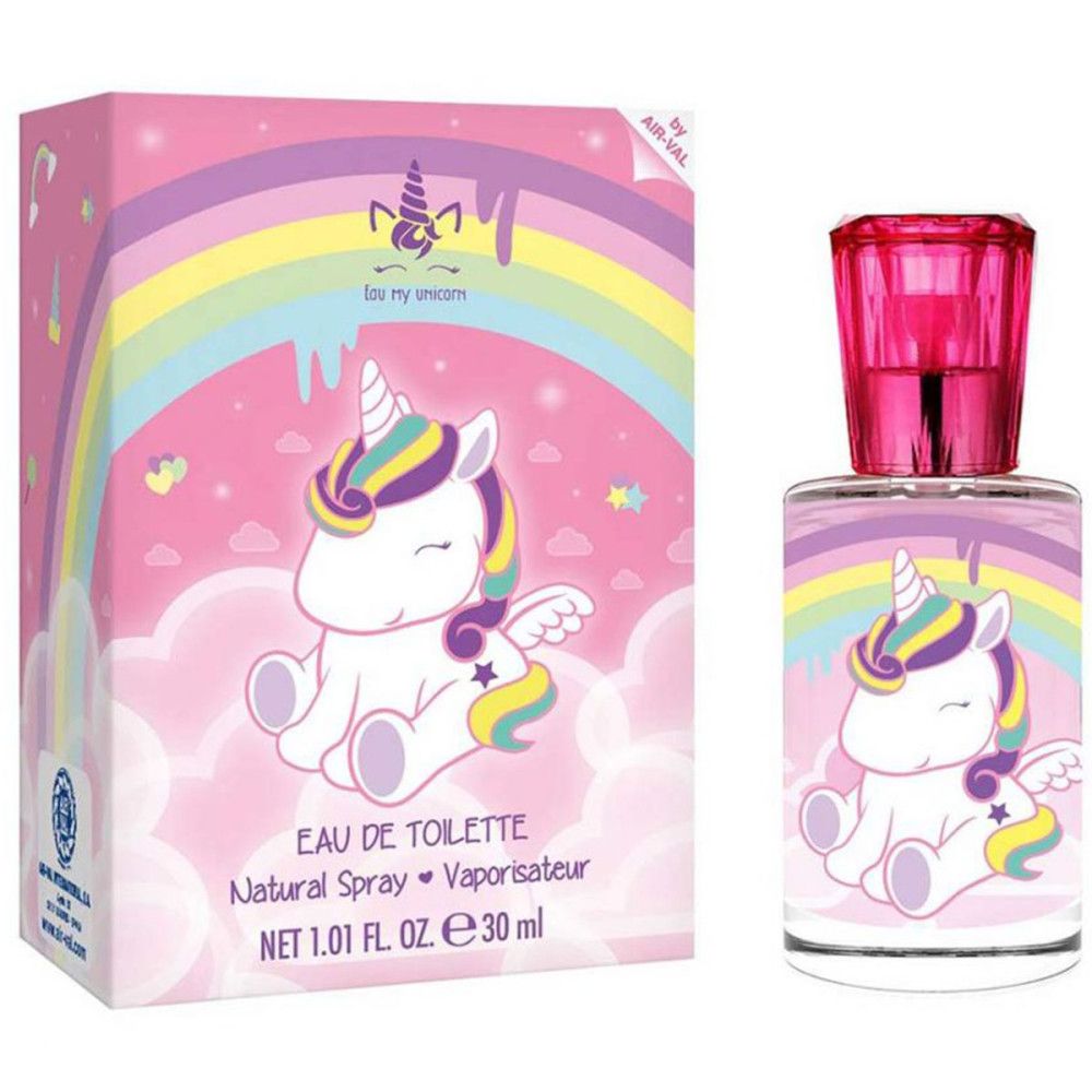 Flacon et emballage Eau de Toilette. Bouchon rose, motif licorne. Inscription: Eau de Toilette, Natural Spray, 30 ml.