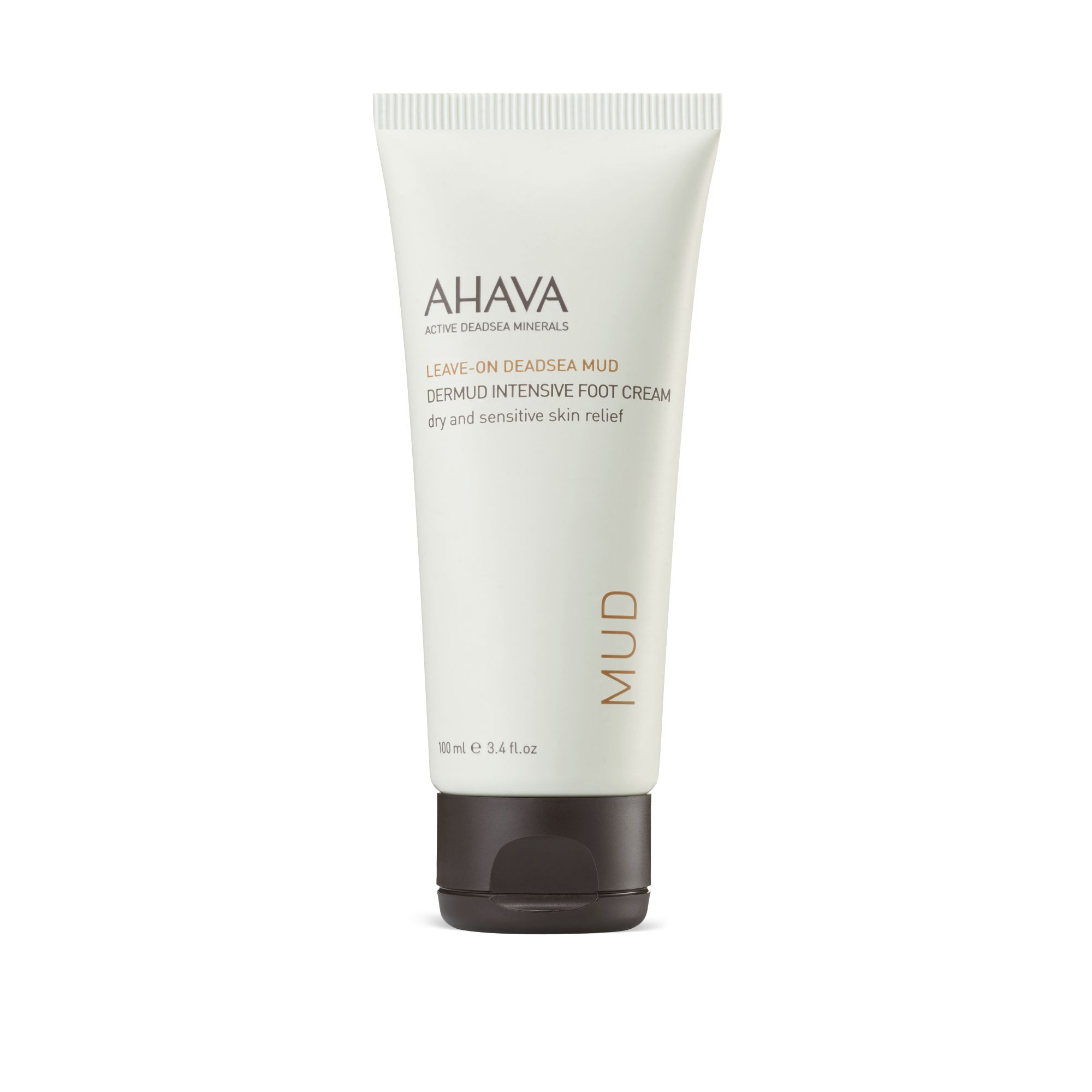 Tube de crème avec logo AHAVA, LEAVE-ON DEADSEA MUD, Dermud Intensive Foot Cream. Inscription : dry and sensitive skin relief.