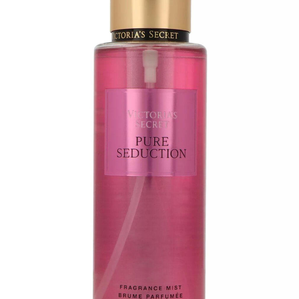 Victoria's Secret Pure Seduction Bodyspray, 250 ml. Roze vloeistof in doorzichtige fles met gouden dop.