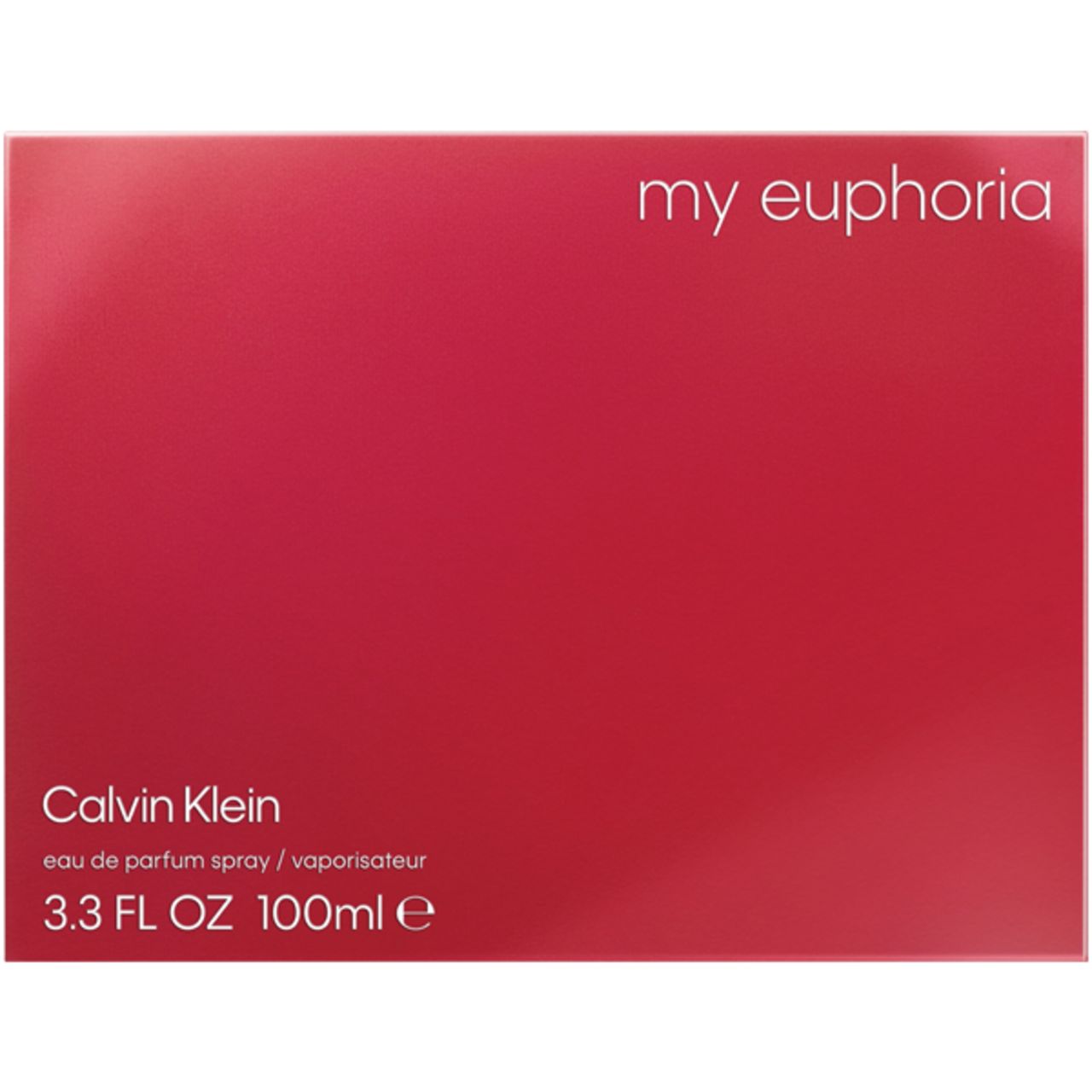 Emballage rouge. Inscription: my euphoria, Calvin Klein, eau de parfum spray / vaporisateur, 3.3 FL OZ 100ml e.