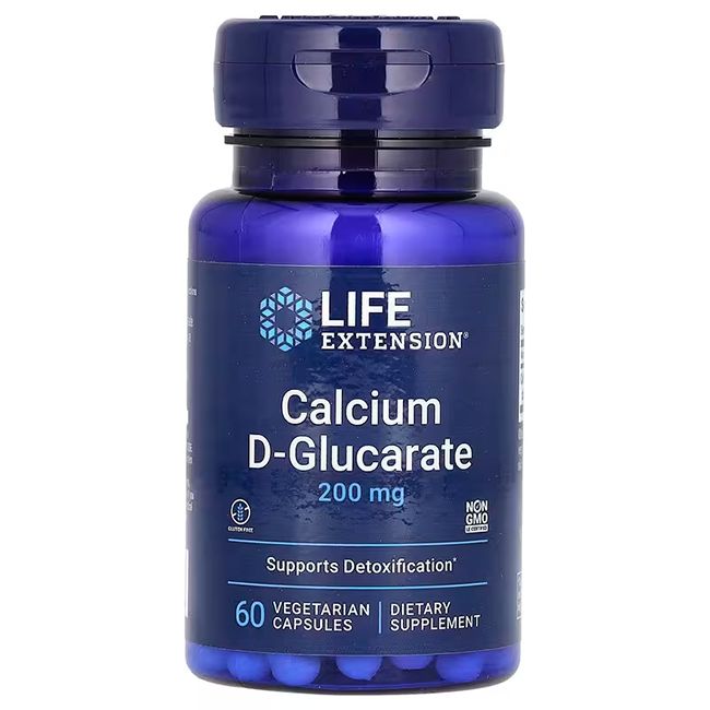 Bouteille Life Extension Calcium D-Glucarat 200 mg, 60 gélules végétariennes.
