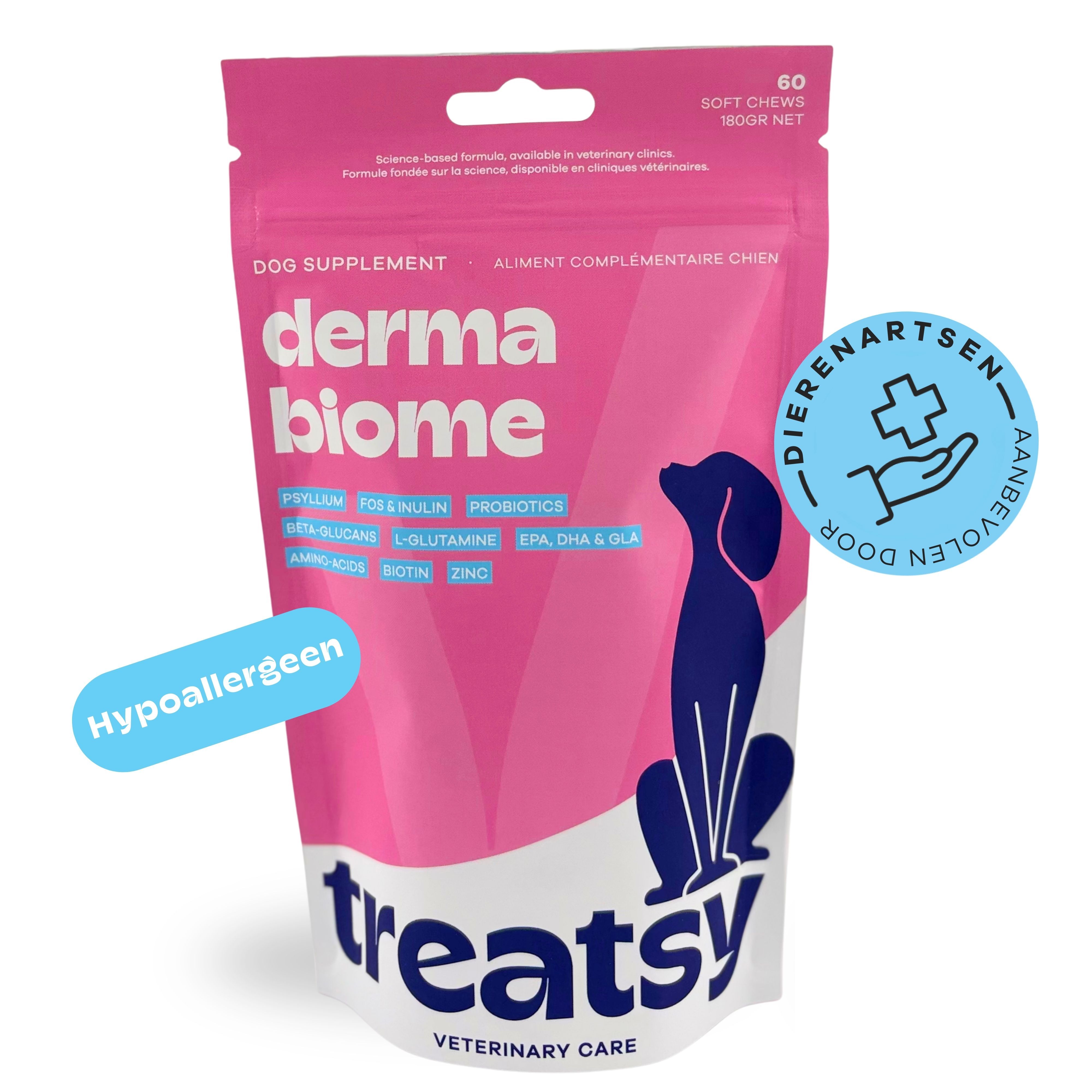 Roze zak met "derma biome" en "Treatsy". Met sticker "Aanbevolen door dierenartsen".