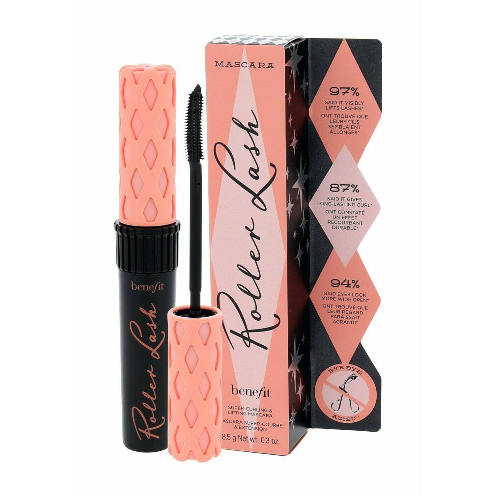 Benefit Roller Lash Mascara in doos. Flacon met roze applicator en borsteltje.