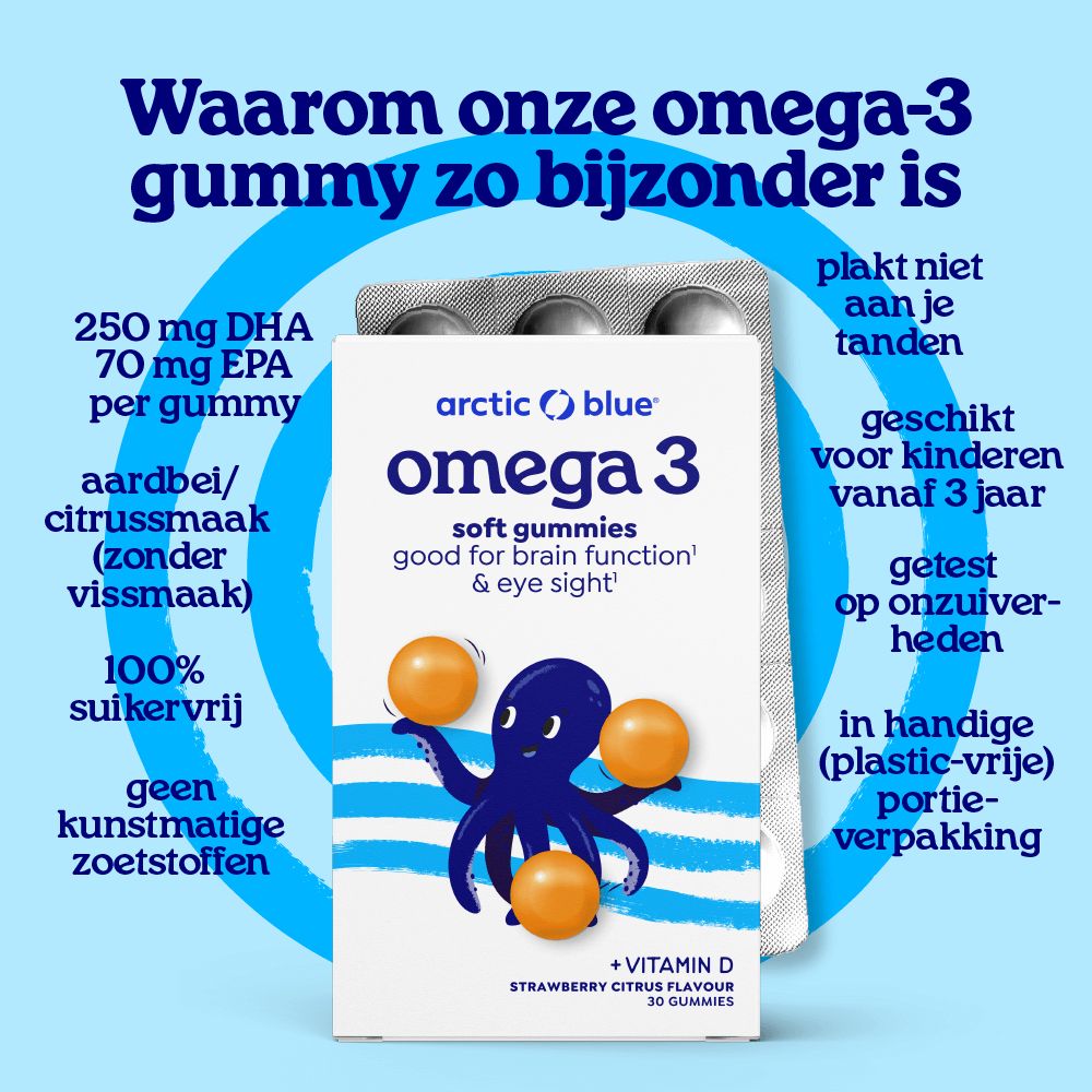 Verpakking Arctic Blue Omega-3 gummies met informatie over 100% Noorse kabeljauwwolie.
