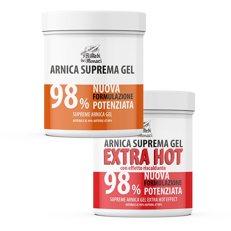Twee witte potten met etiketten. Eén met "Arnica Suprema Gel 98%". De andere toont "Extra Hot" en "98%" op rode achtergrond.