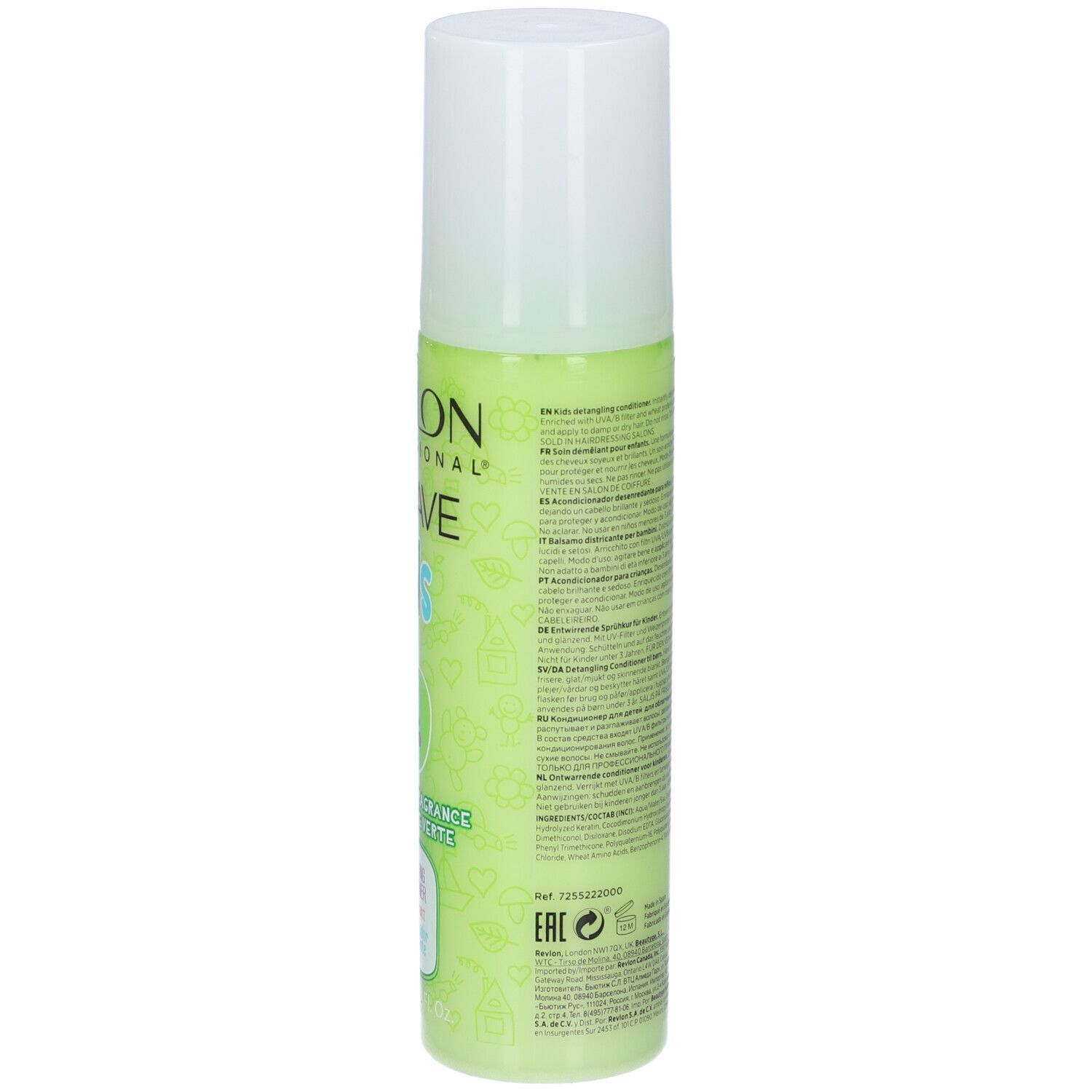 Flacon vert avec bouchon blanc. Texte: Revlon Professional Equave Kids. Démêlant.