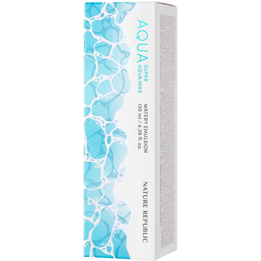 Emballage blanc avec accents turquoise. Nom du produit et marque visibles. Texte: « Watery Emulsion ».