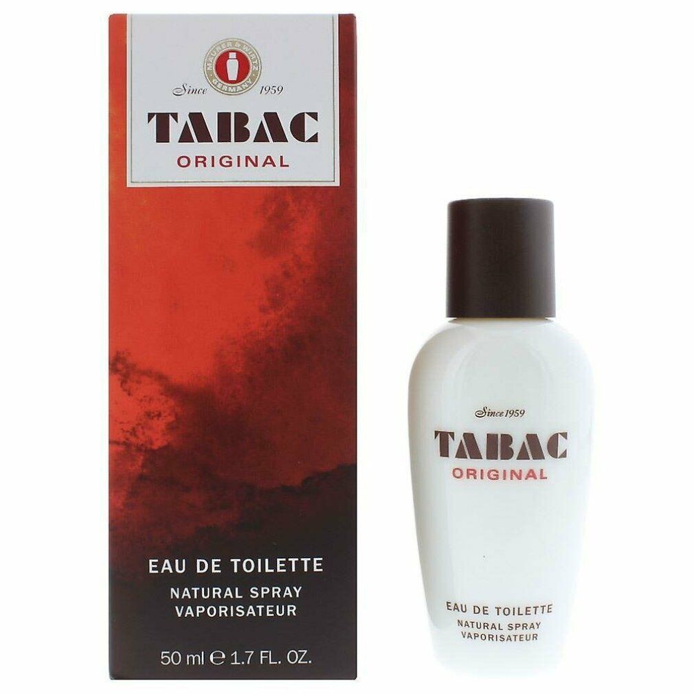 Tabac Original Eau de Toilette. Witte fles met bruine dop en verpakking. Tekst: Tabac Original, Eau de Toilette.