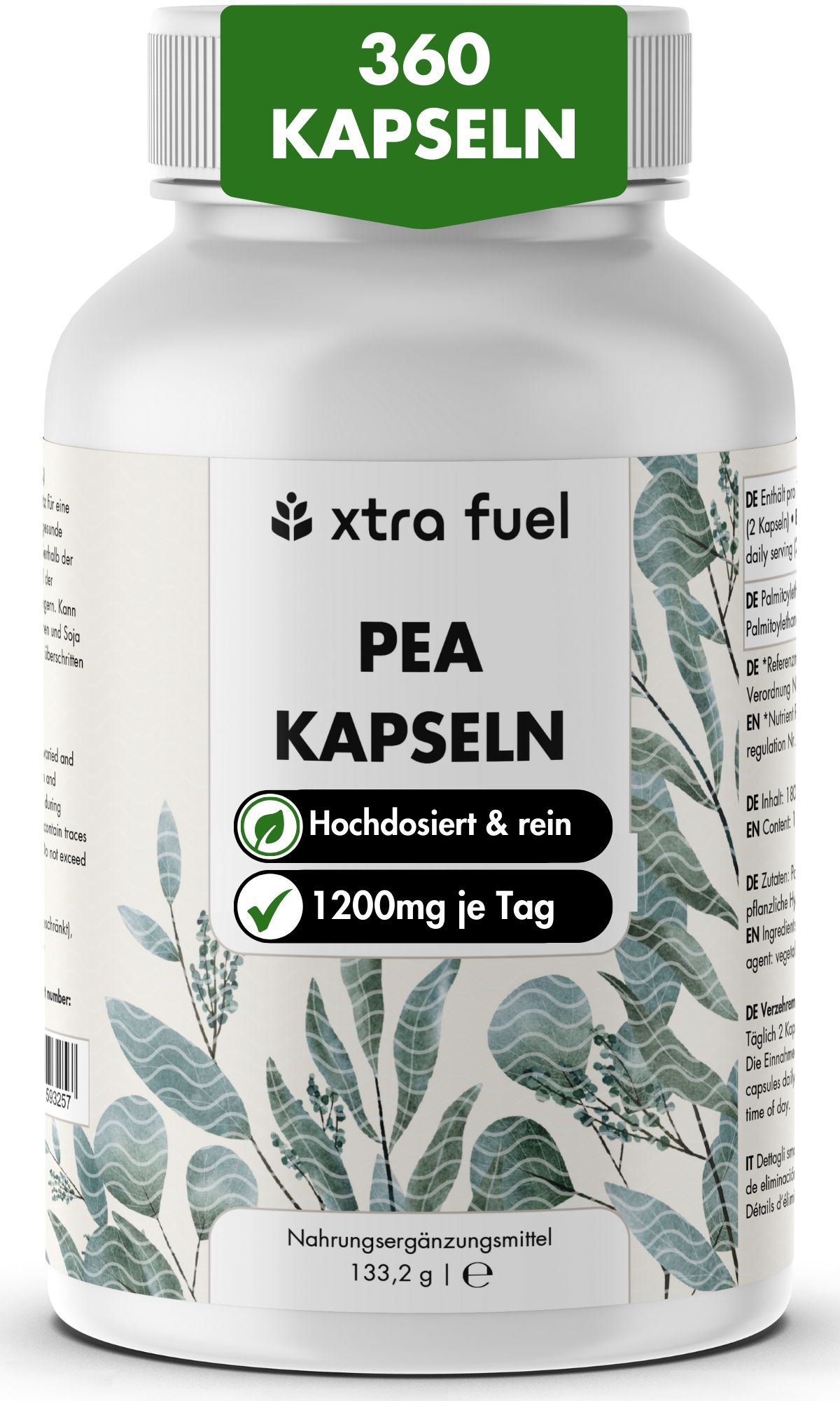 Pot blanc avec gélules XTRA FUEL PEA, 360 gélules, haute dose & pur, 1200mg par jour.