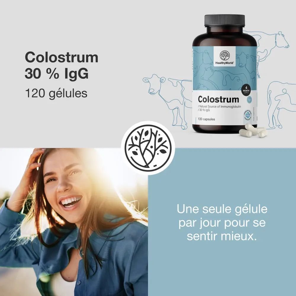 Flacon avec capsules. Texte: Colostrum 30% IgG, 120 gélules. Une seule gélule par jour pour se sentir mieux.