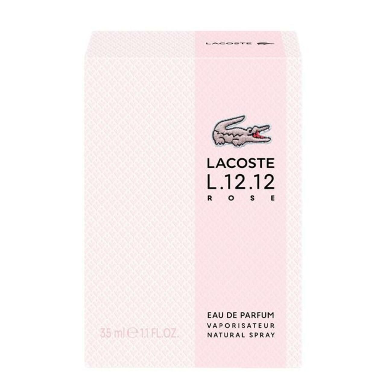Boîte Lacoste L.12.12 Rose EdP Nat. Spray. Logo crocodile. Texte: Eau de Parfum, Natural Spray, 35 ml.