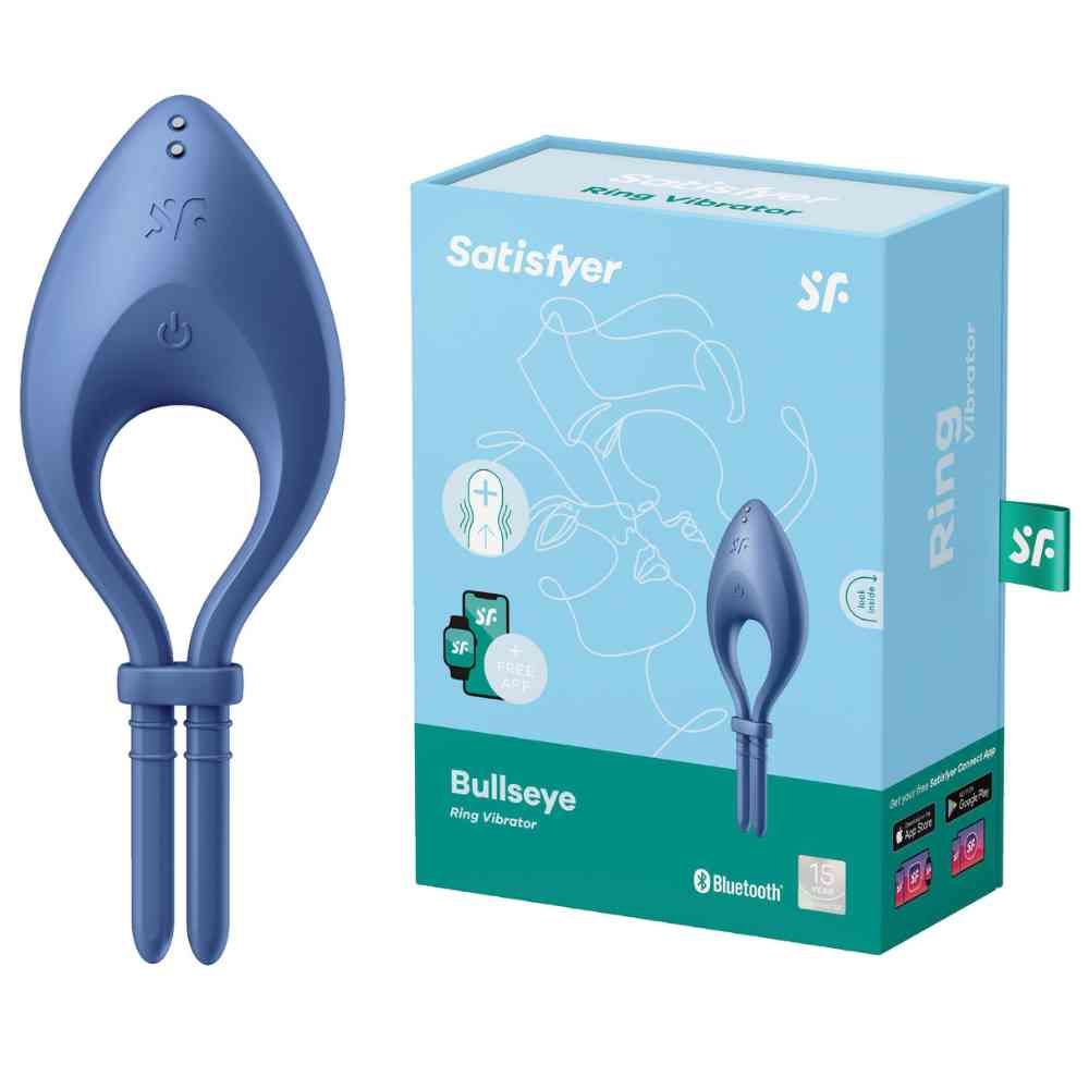 Satisfyer Bullseye Ring Vibrator bleu avec port de charge et deux tiges de stimulation.