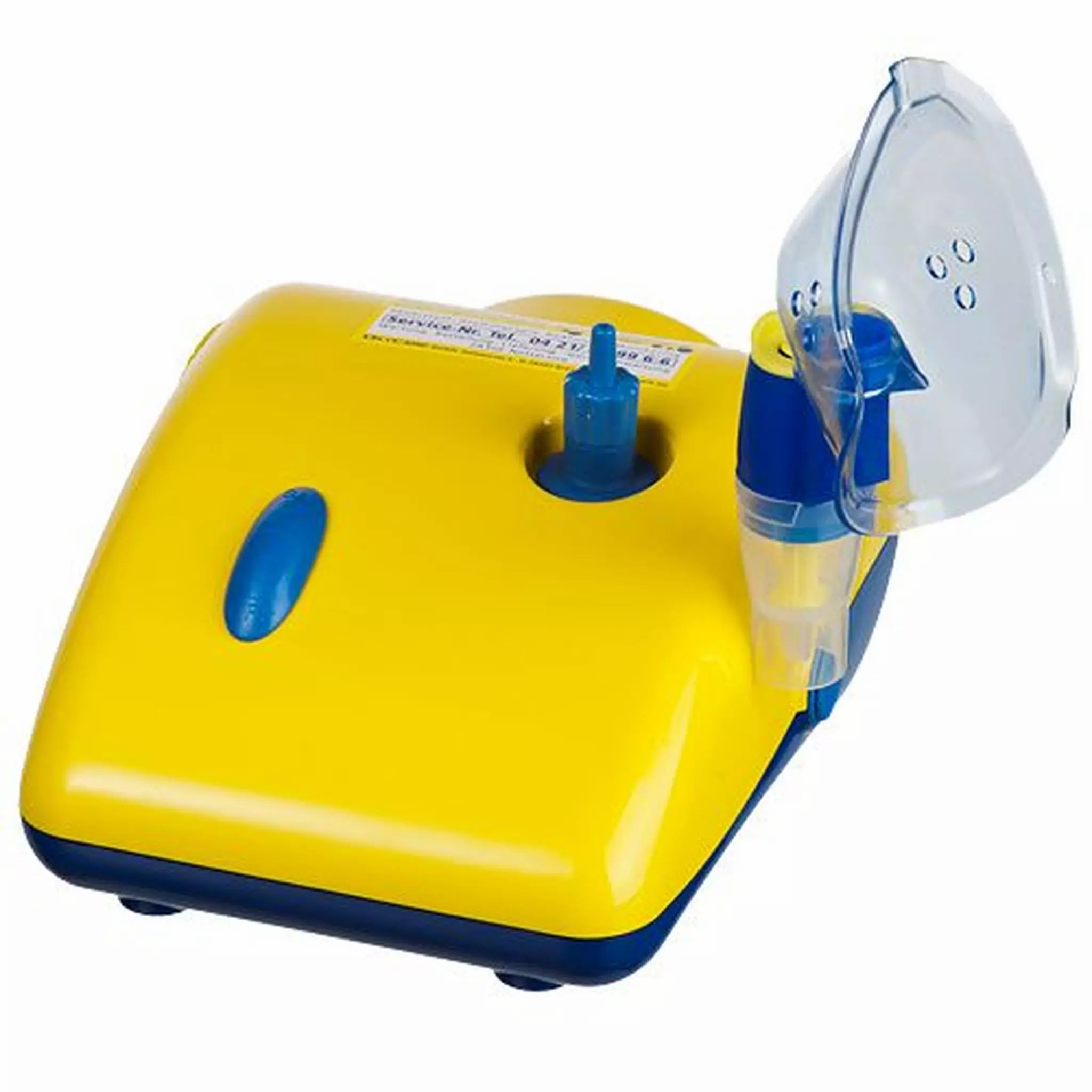 Nébuliseur compresseur jaune avec masque bleu et accessoires.
