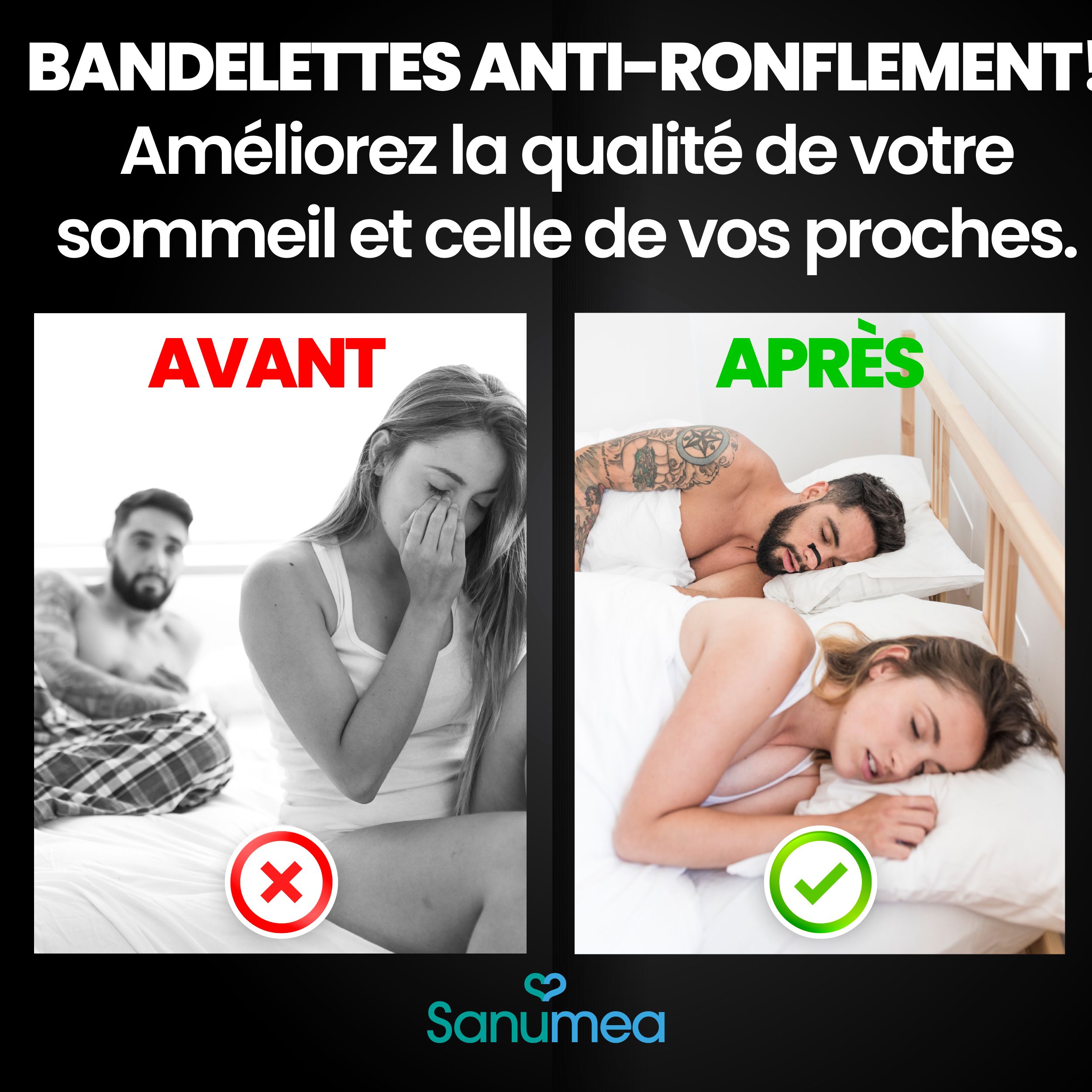 Comparaison avant/après de couples avec problèmes de ronflement.