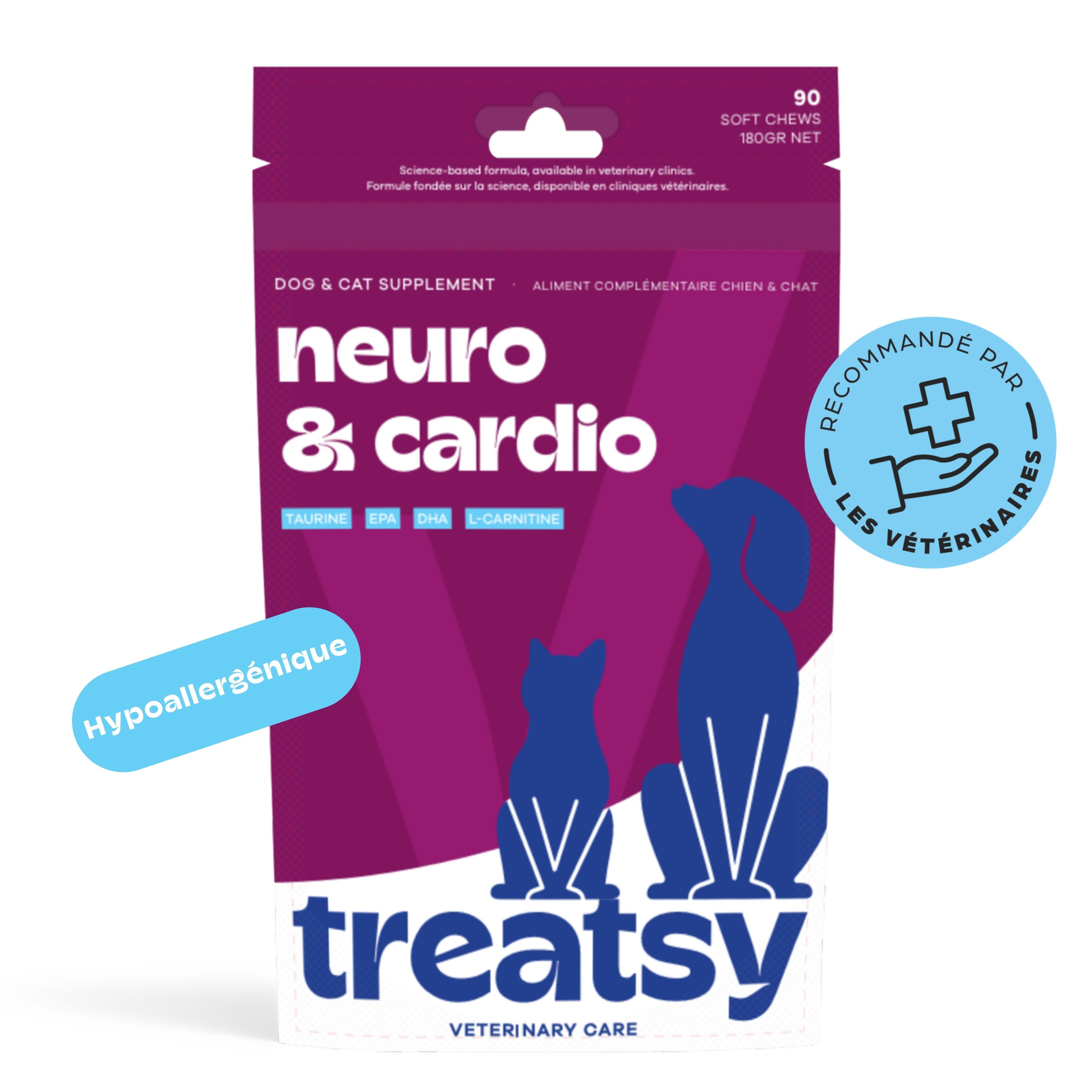Complément alimentaire pour chiens et chats. Paquet de 90 Soft Chews. Marque Treatsy, texte : Neuro & Cardio.