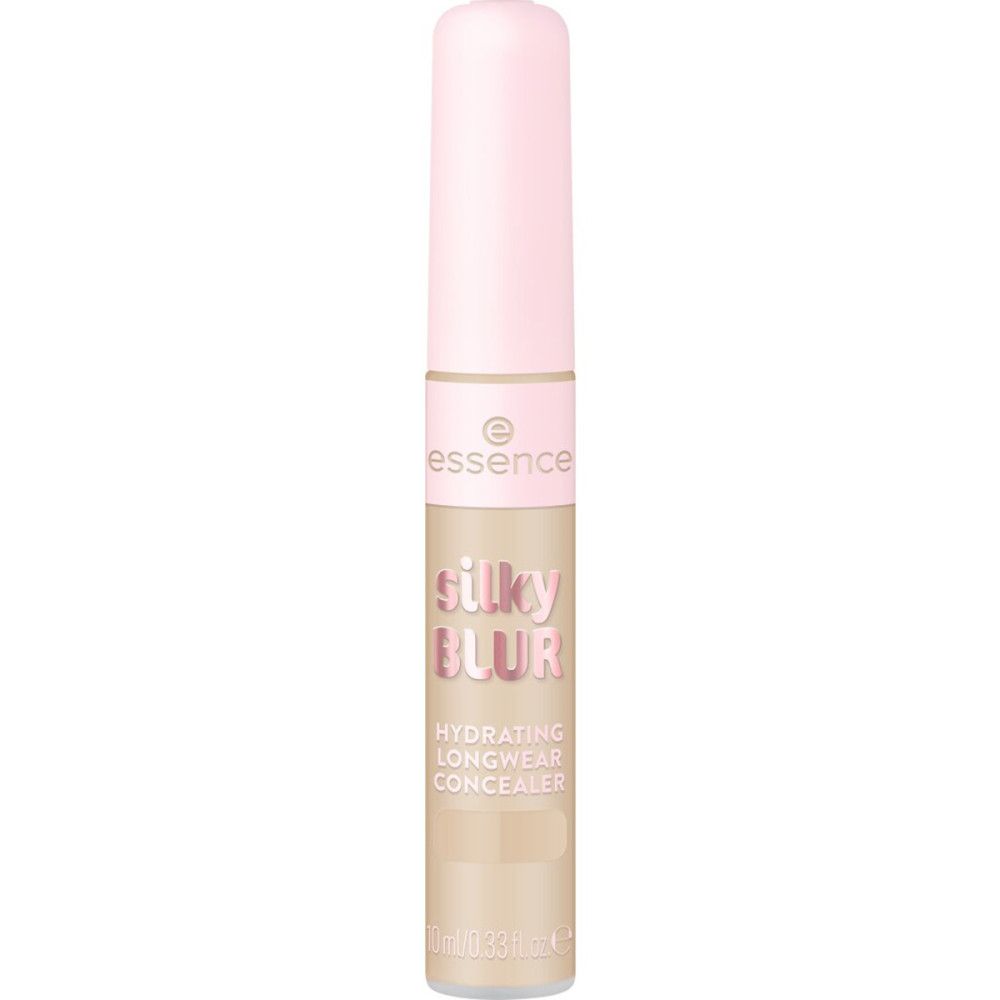 Tube de correcteur beige avec bouchon rose. Inscription: Silky Blur, Hydrating Longwear Concealer. Marque: Essence.