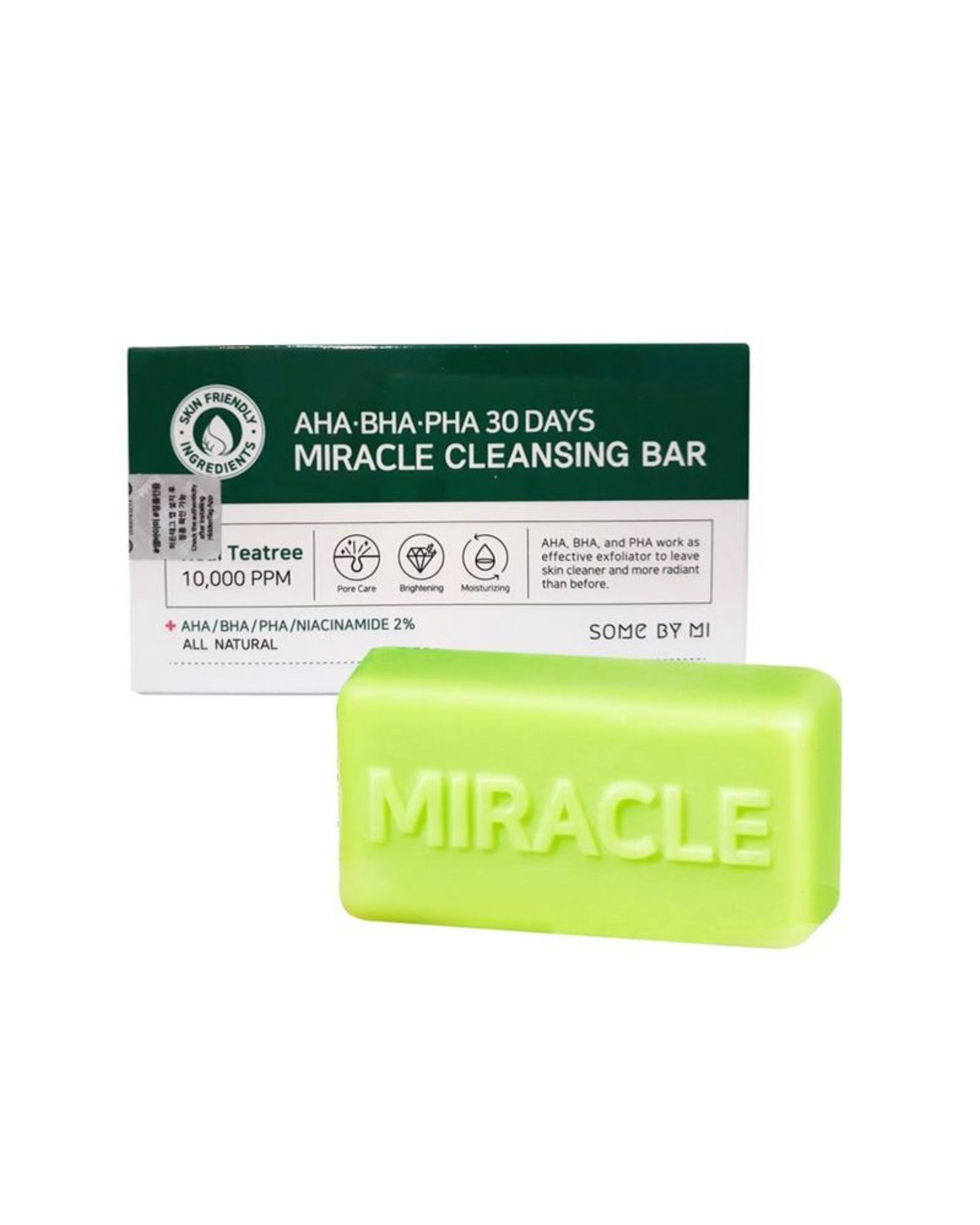 Pain de savon vert avec emballage. L'emballage indique AHA-BHA-PHA 30 DAYS MIRACLE CLEANSING BAR. Le savon porte le mot MIRACLE.