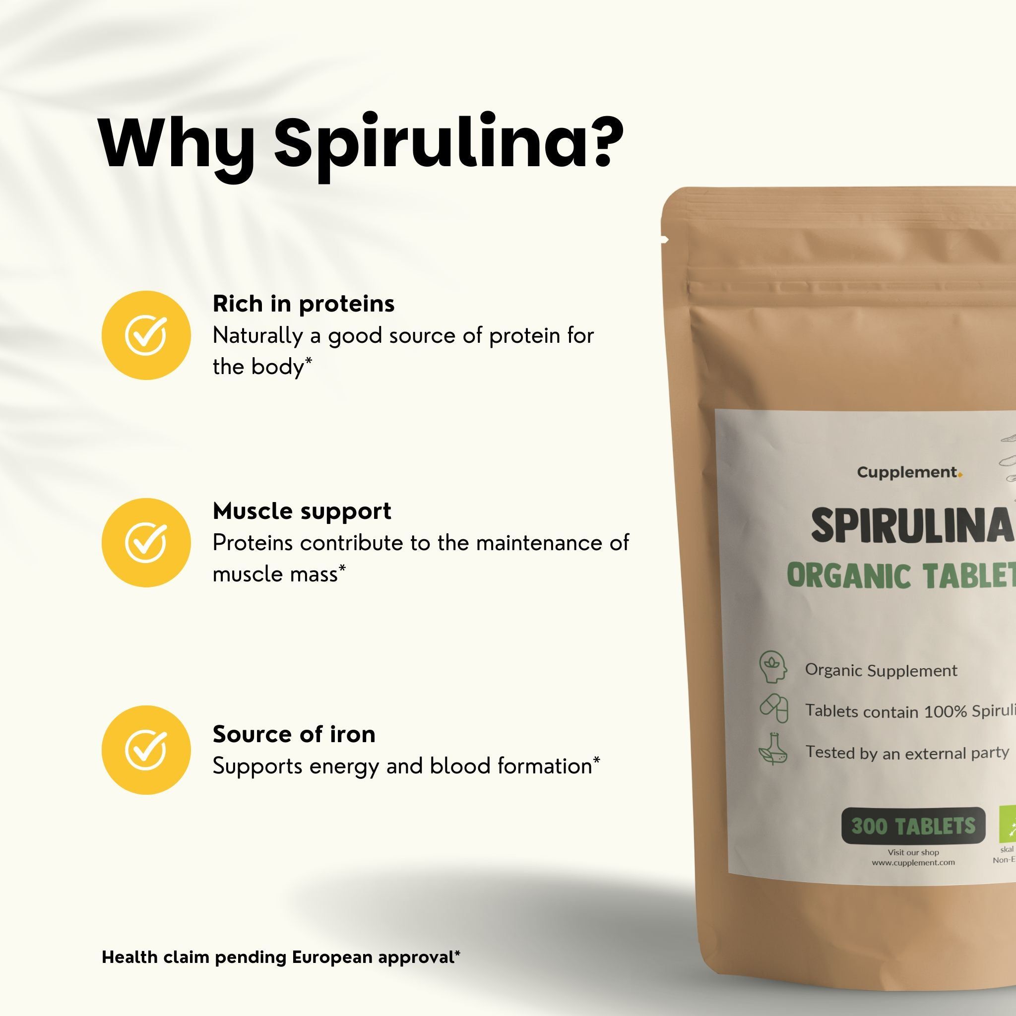 Sachet brun de comprimés de spiruline. Texte : Cupplement, Spirulina Organic Tablets, 300 comprimés. Avis clients 4,7/5.
