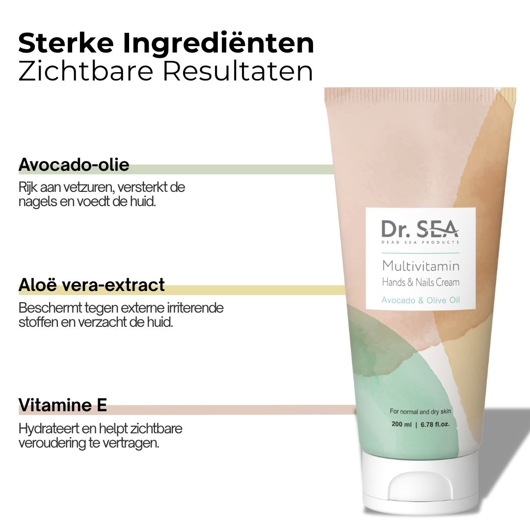 Crèmetube. Dr. Sea Multivitamin Hand- & Nagelcrème. Avocado & Olijfolie. Tekst over ingrediënten.
