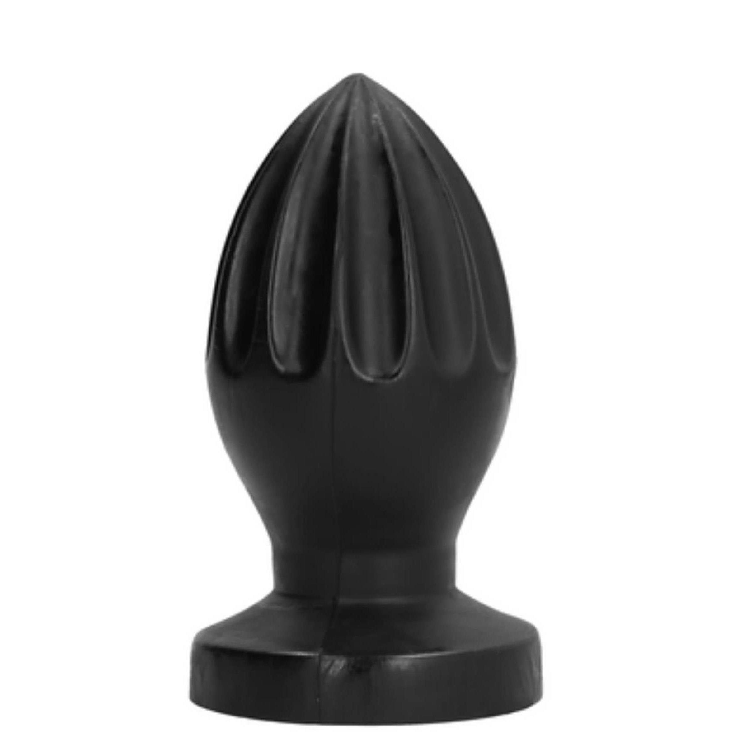 Buttplug noir avec motif côtelé et base large.