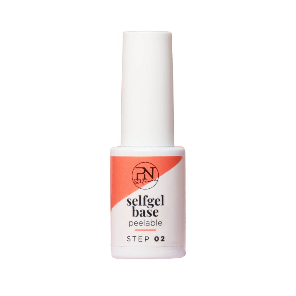 Fles met witte dop en oranje etiket. Tekst: selfgel base peelable, STEP 02. PN-logo.