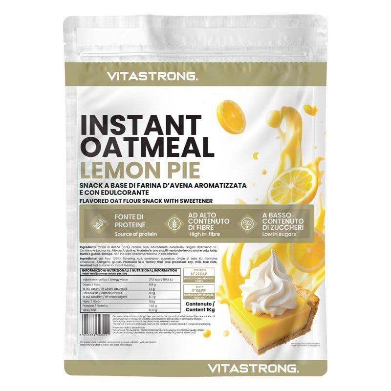 Sachet de Instant Oatmeal Lemon Pie. Contient des informations nutritionnelles et des ingrédients. Représentation d'une tarte au citron avec de la crème.