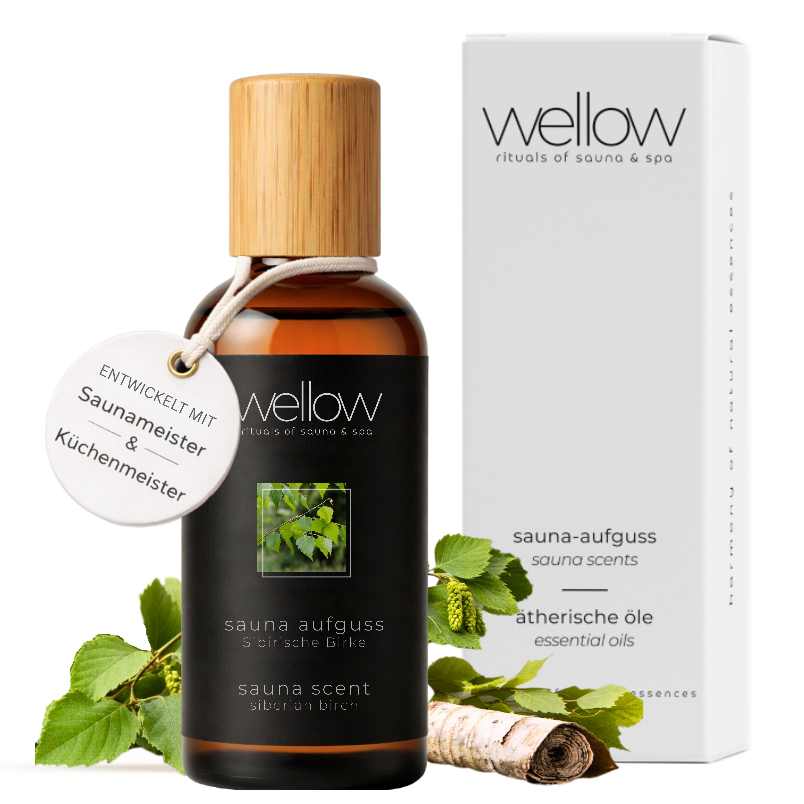 Flacon en verre brun avec bouchon en bois, étiquette. Emballage blanc avec logo. Branche et écorce de bouleau.