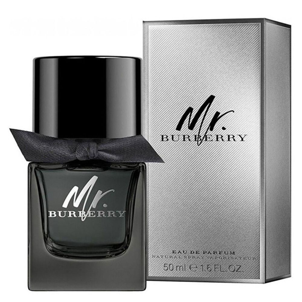 Mr. Burberry flesje met strik en doos. Zwarte dop, zilveren tekst. 50 ml.