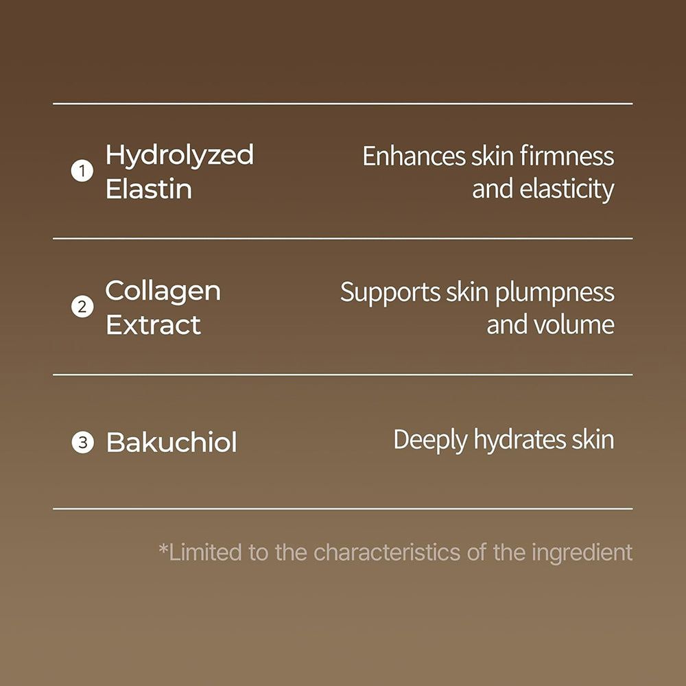 Liste des ingrédients : Hydrolyzed Elastin, Collagen Extract, Bakuchiol.