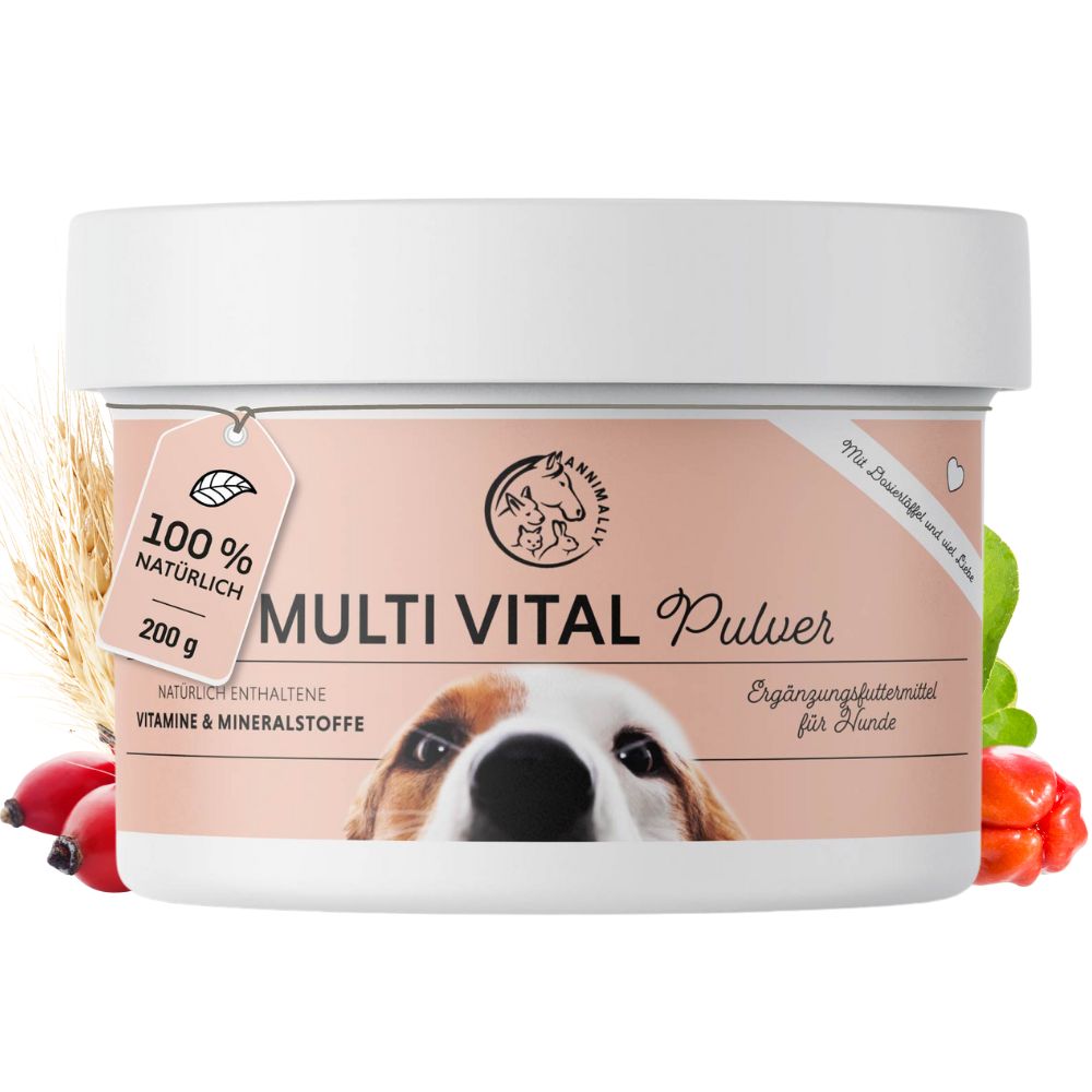 Pot Multi Vital poeder voor honden. Label met 100% natuurlijk en 200g. Logo met hond, kat en paard.