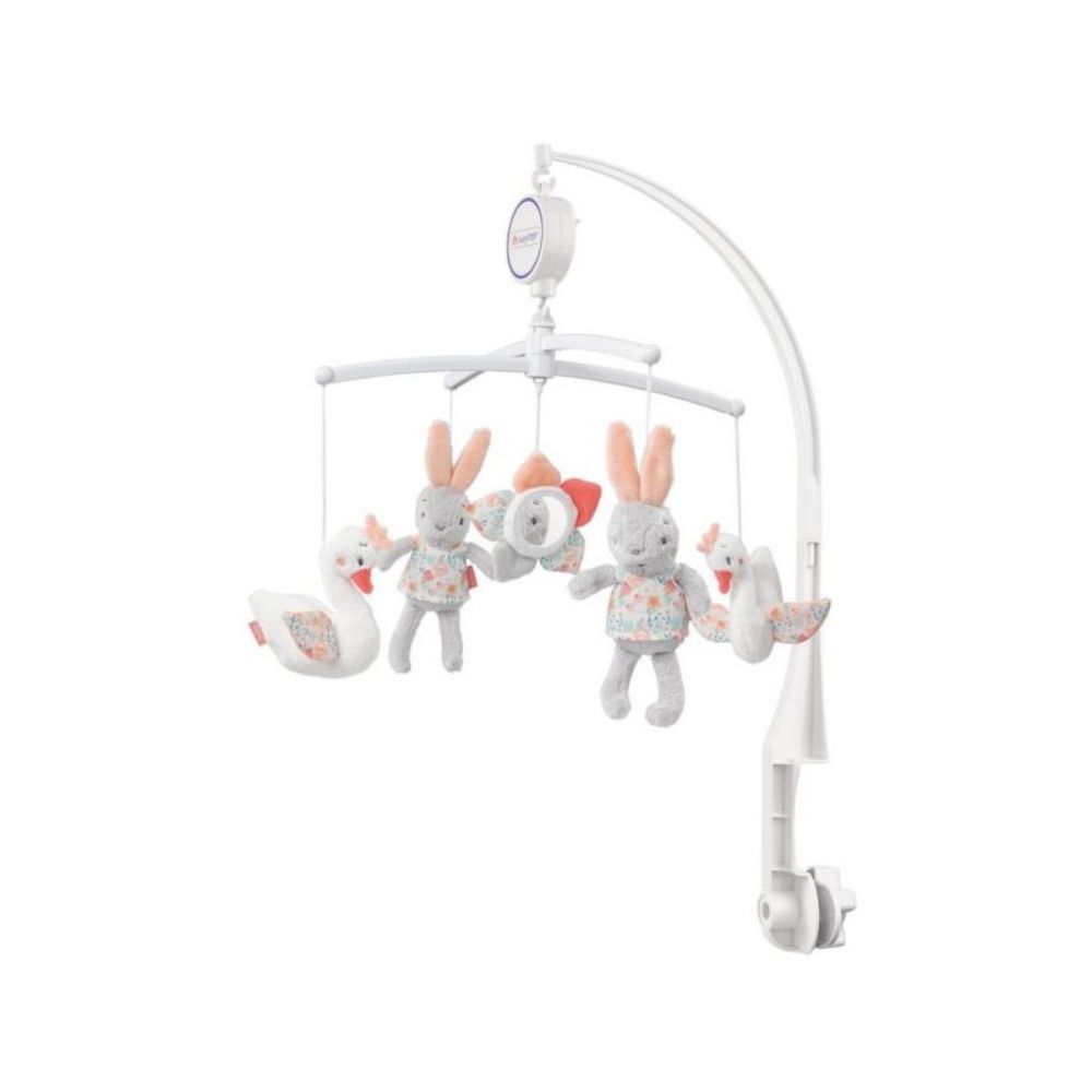 Mobile avec animaux en tissu : deux lapins, deux cygnes et un miroir. Structure blanche. Accents roses et bleus. Mécanisme de boîte à musique.